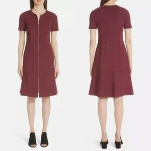 Lafayette 148 6 Sonya Front Zip Dress A Line Ponte Knit Maroon Burgundy